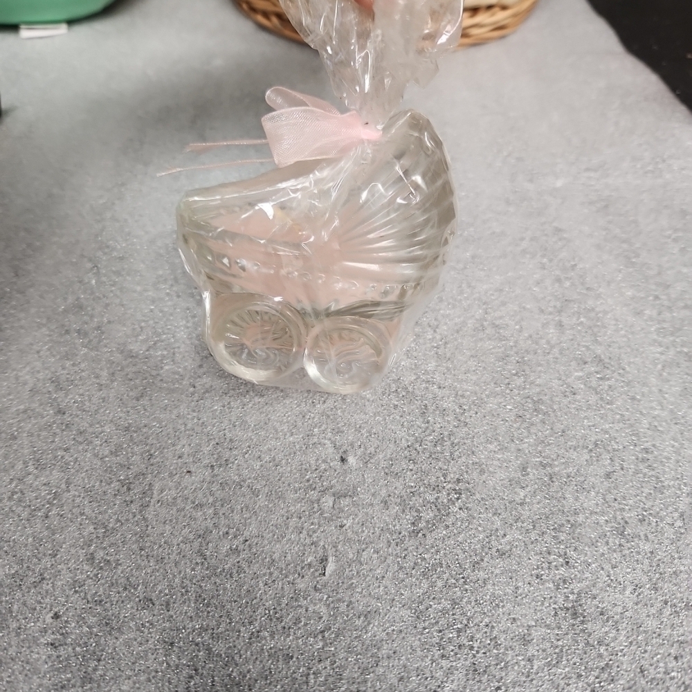 Glass Baby Carriage Figurine with Pink Candle And Ribbon Baby Shower!
